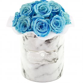 Błękitne Wieczne Róże Bouquet w Białym Marmurowym Boxie