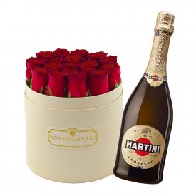 Zestaw Specjalny -  Brzoskwiniowy Flowerbox z Czerwonymi Różami Żywymi