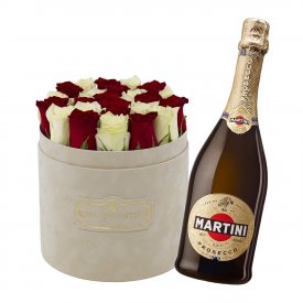 Zestaw Specjalny - Beżowy Flokowany Flowerbox z Białymi & Czerwonymi Różami Żywymi