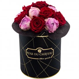 Pinky Red Wieczne Piwonie Bouquet w Czarnym Industrialnym Boxie