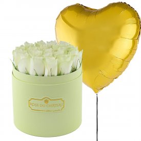 Złoty Balon Serce & Miętowy Flowerbox z Białymi Różami Żywymi