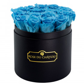 Rose eterne azzurre in flowerbox tondo nero