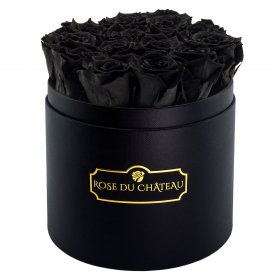 Schwarze Ewige Rosen in schwarzer Rundbox