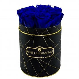 Blaue Ewige Rosen in Schwarzer Industrial Rundbox Small