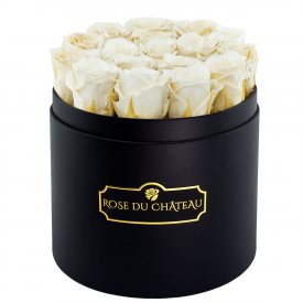 Weiße Ewige Rosen in schwarzer Rundbox