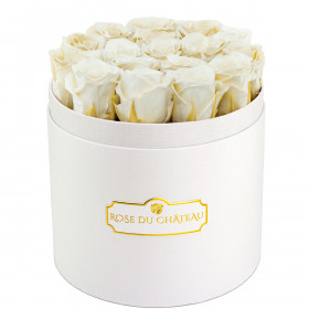 Roses Éternelles Blanches Dans Une Flowerbox Ronde Blanche