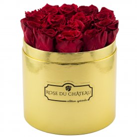 Červené věčné růže ve zlatém flowerboxu