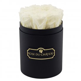 Bílé věčné růže v malém černém flowerboxu