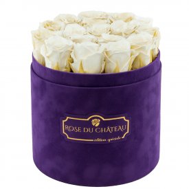 Bílé věčné růže ve fialovém semišovém flowerboxu