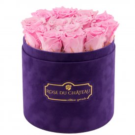 Světle růžové věčné růže ve fialovém semišovém flowerboxu