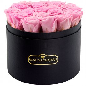 Světle růžové věčné růže ve velkém černém flowerboxu