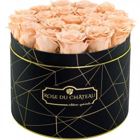 Čajové věčné růže ve velkém černém industrial flowerboxu