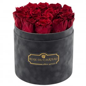 Červené věčné růže v šedém semišovém flowerboxu