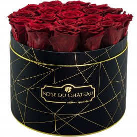 Červené věčné růže ve velkém černém industrial flowerboxu