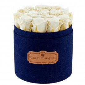 Weiße Ewige Rosen in denim Rosenbox