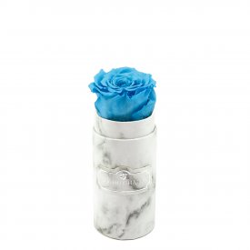 Azurblaue Ewige Rose in weißer marmorierter Mini Rundbox