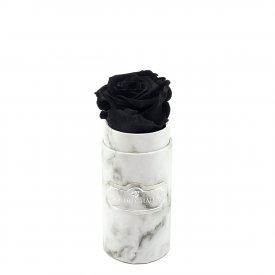 Schwarze Ewige Rose in weißer marmorierter Mini Rundbox