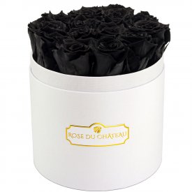 Schwarze Ewige Rosen in weißer Rundbox