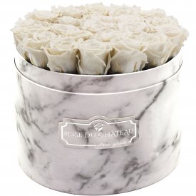 Weiße Ewige Rosen in weißer marmorierter Rundbox Large