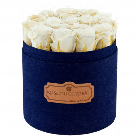 Weiße Ewige Rosen in denim Rosenbox