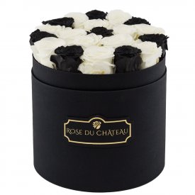 Eternity White & Black Roses & Round Black Flowerbox
